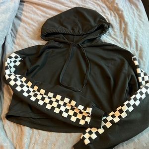 black checkered sleeved cropped hoodie
